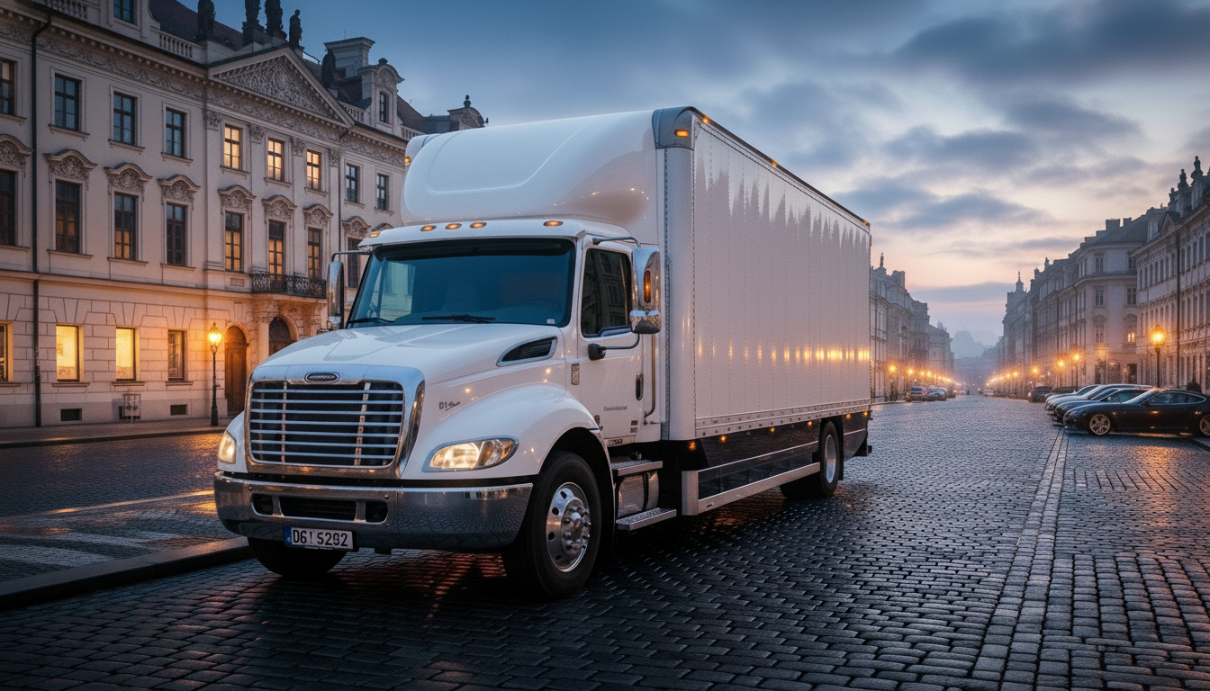 Box truck in city street
