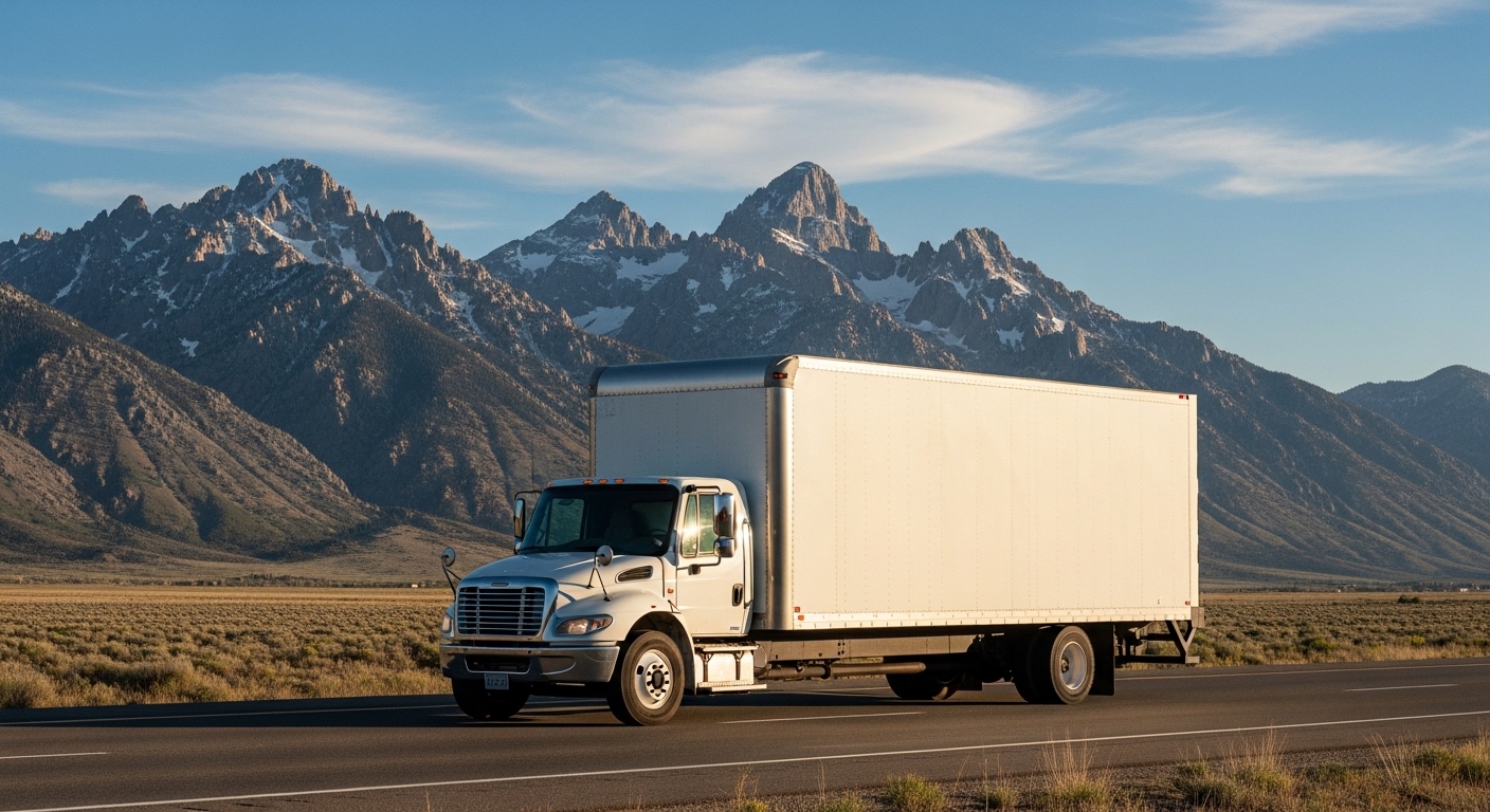Box truck by mountain road